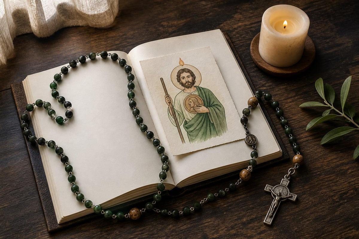 Rosario junto a una ilustración original de San Judas Tadeo en un cuaderno de oración