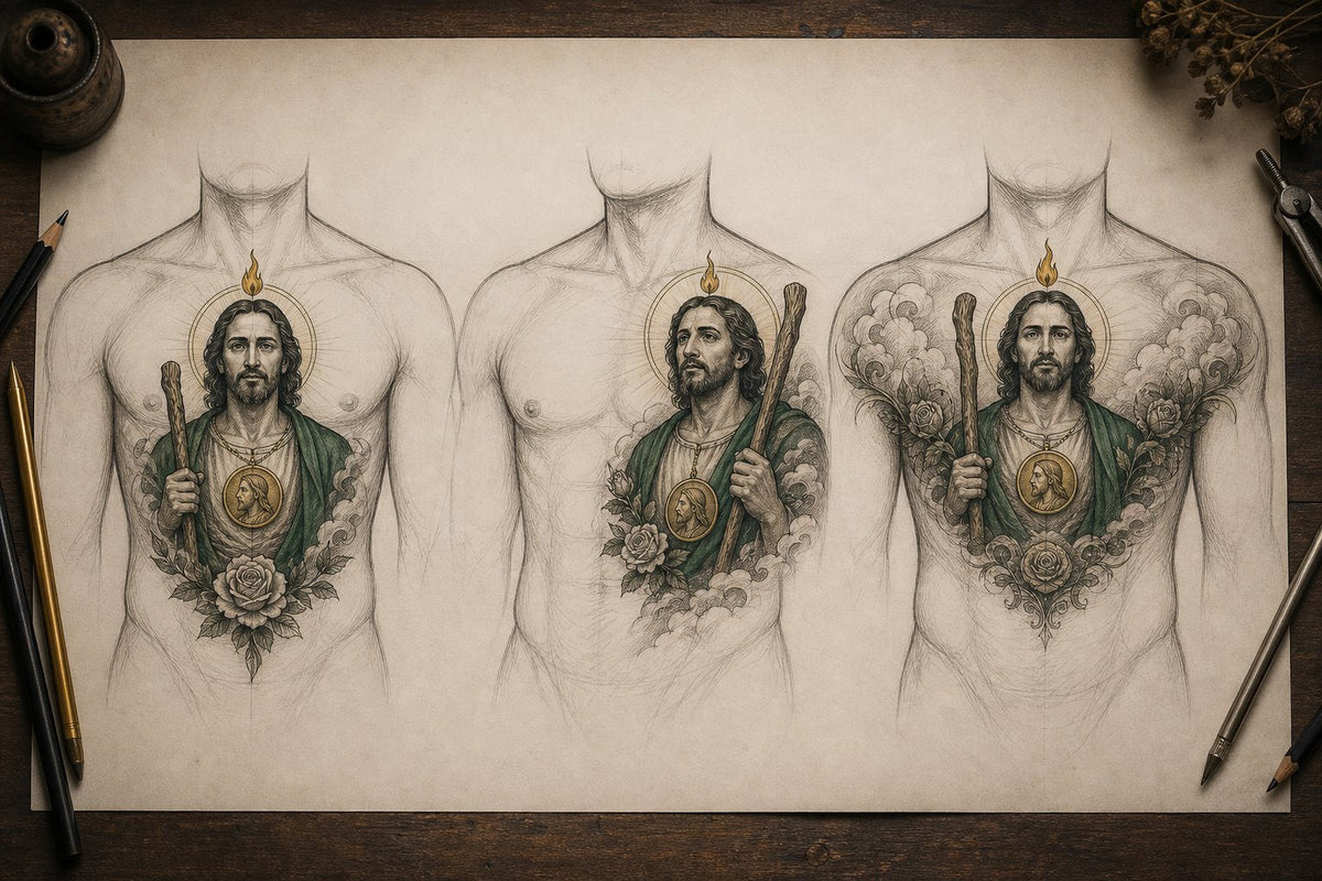 San Judas chest tattoo planning board comparing centered, one-sided, and wide layouts