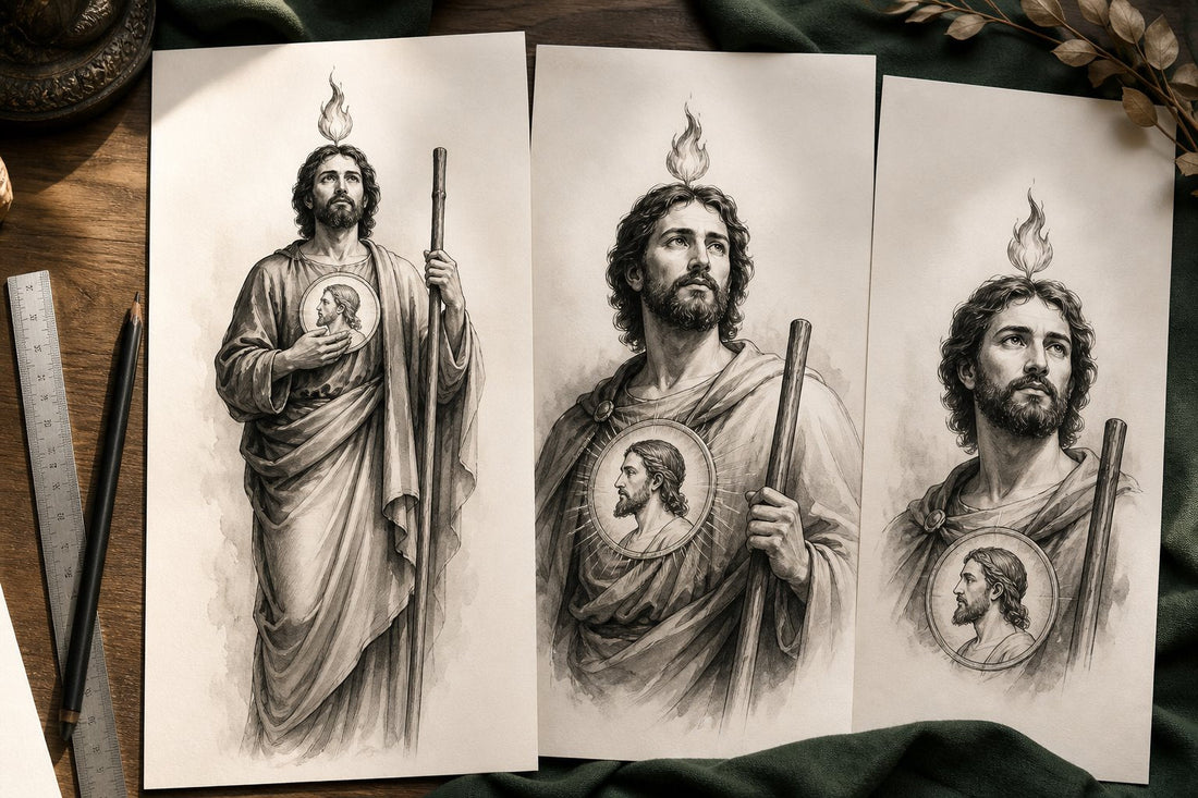 Three original San Judas forearm tattoo composition studies on an artist worktable