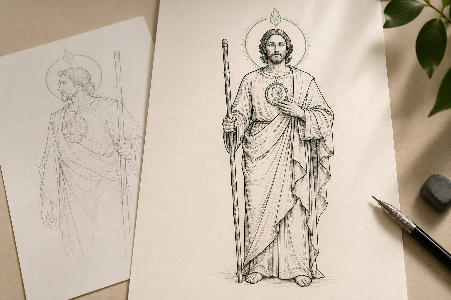 Original San Judas outline tattoo concept studies drawn in black ink on cream paper