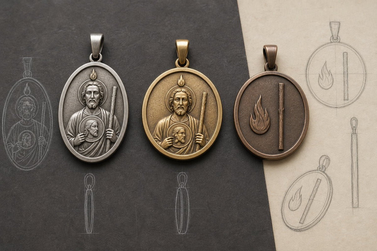 Editorial San Judas pendant concept beside a chain and jewelry measuring tools