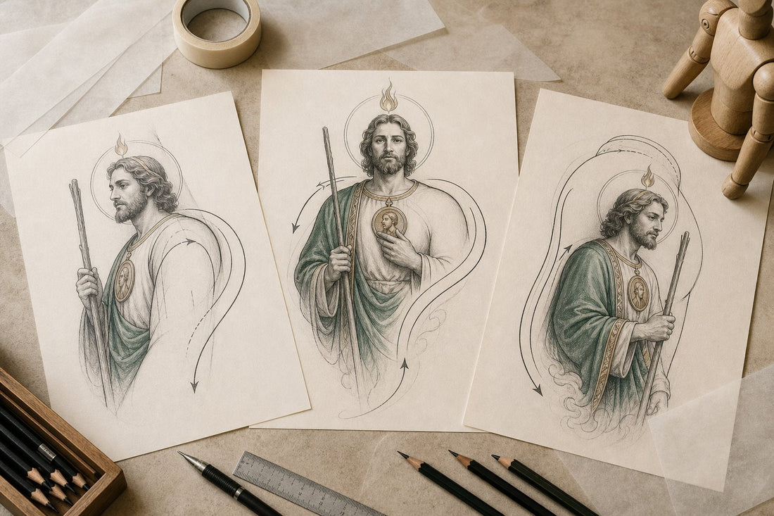 Three original San Judas shoulder tattoo composition studies on an artist table