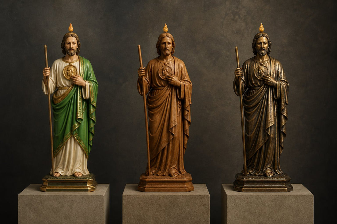 Three original San Judas statue concepts in painted, wood-tone and bronze-tone finishes