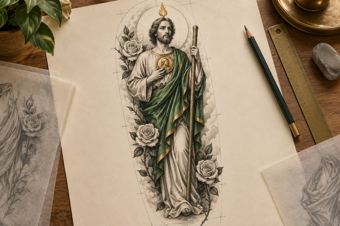 Original San Judas tattoo sleeve concept on paper with flame, Christ medallion, staff, and rose framework