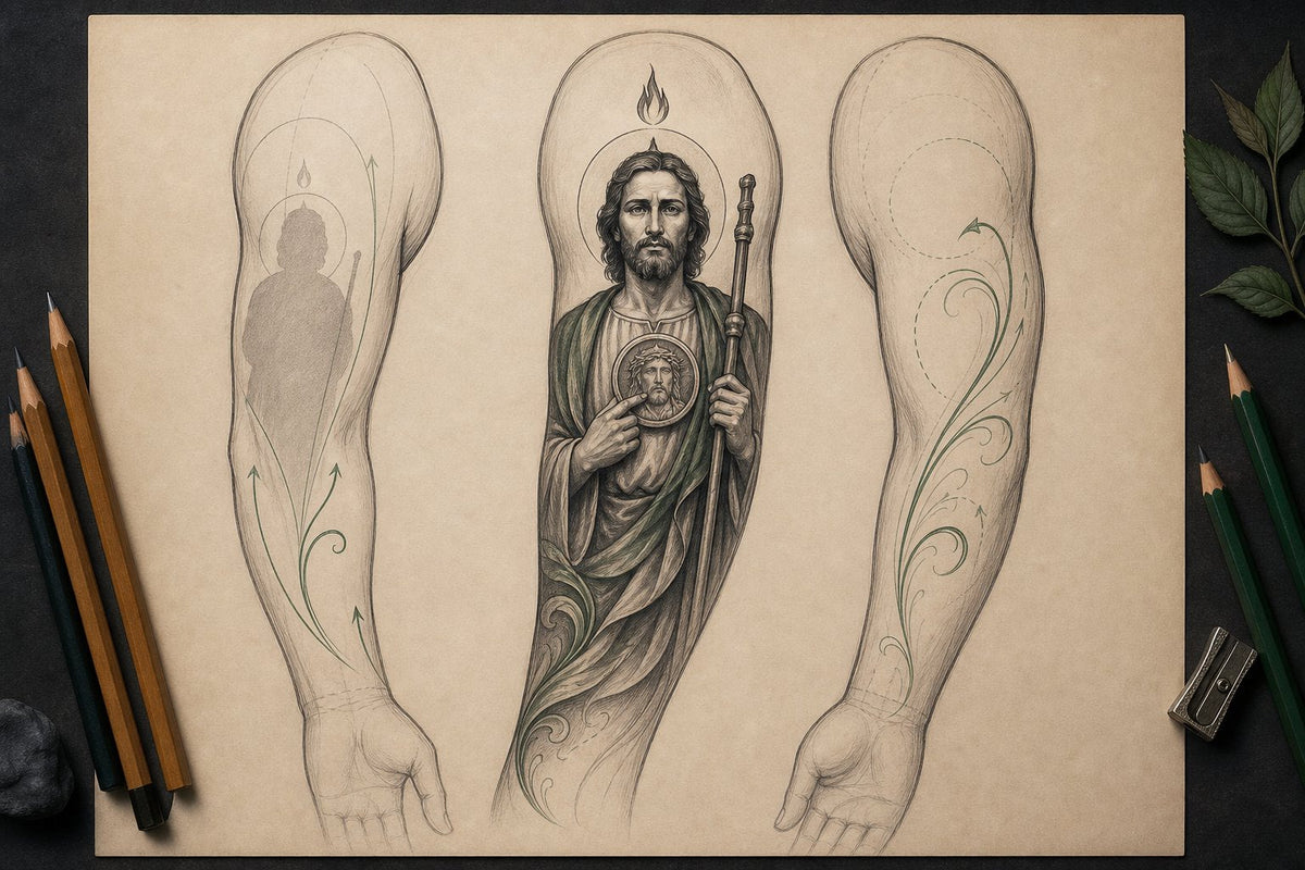 Tablero de planificación para tatuajes de San Judas Tadeo en el brazo con tres opciones de composición