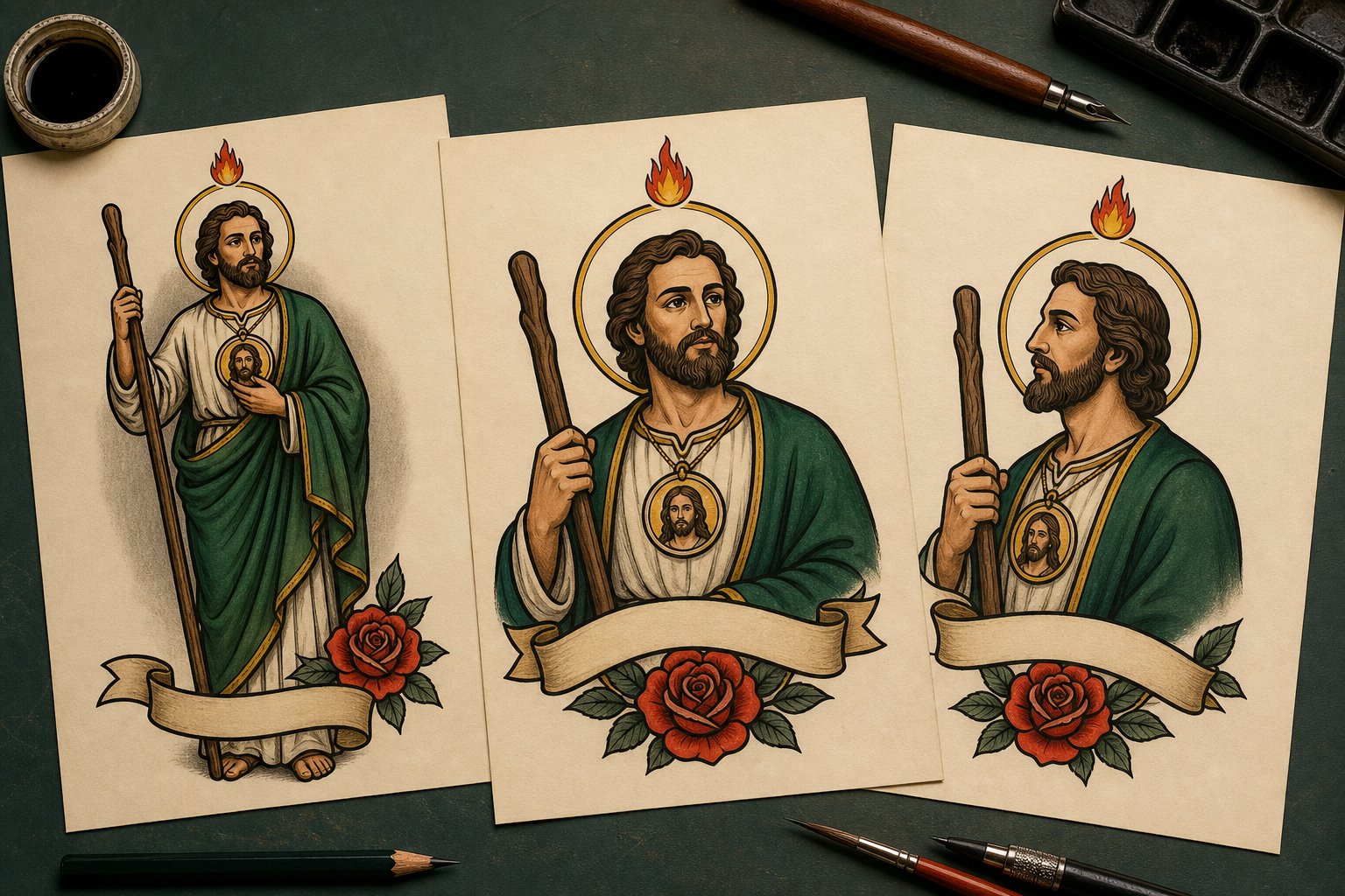 Traditional San Judas tattoo concept board with three bold paper flash compositions
