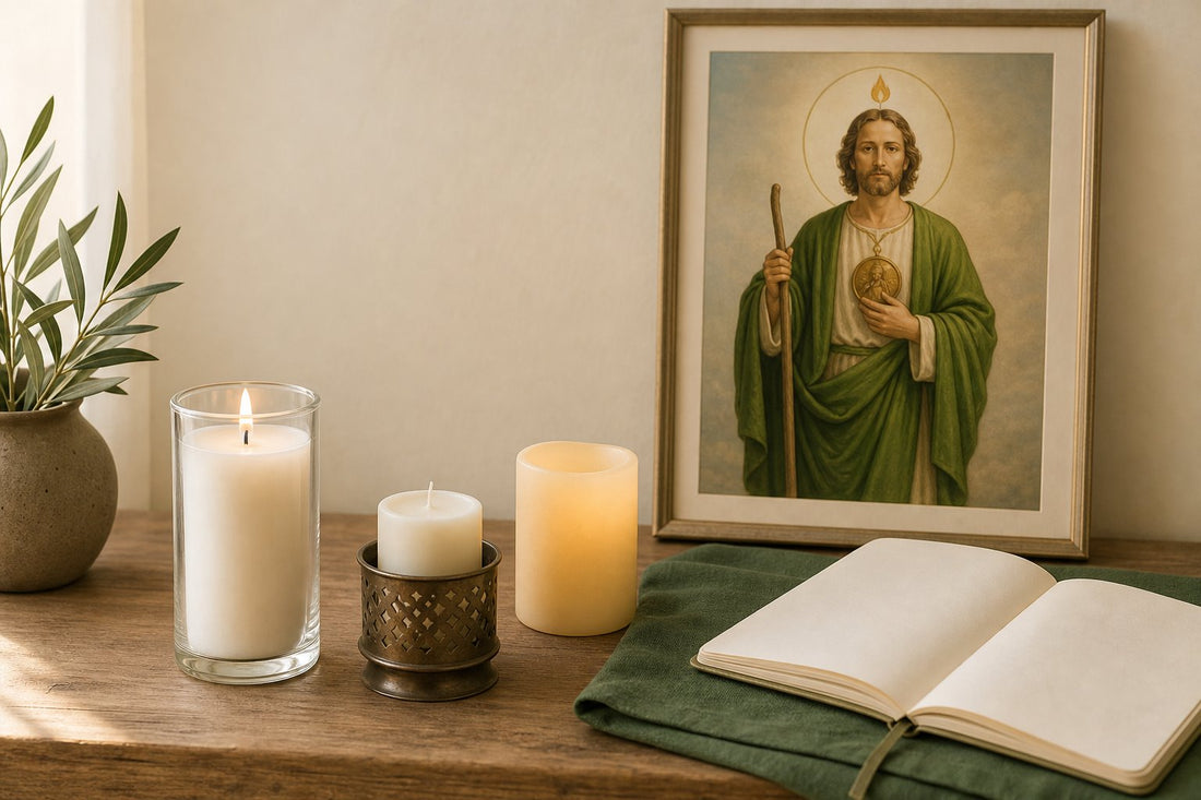 Mesa de oración ilustrada con imagen de San Judas y tres tipos de veladoras