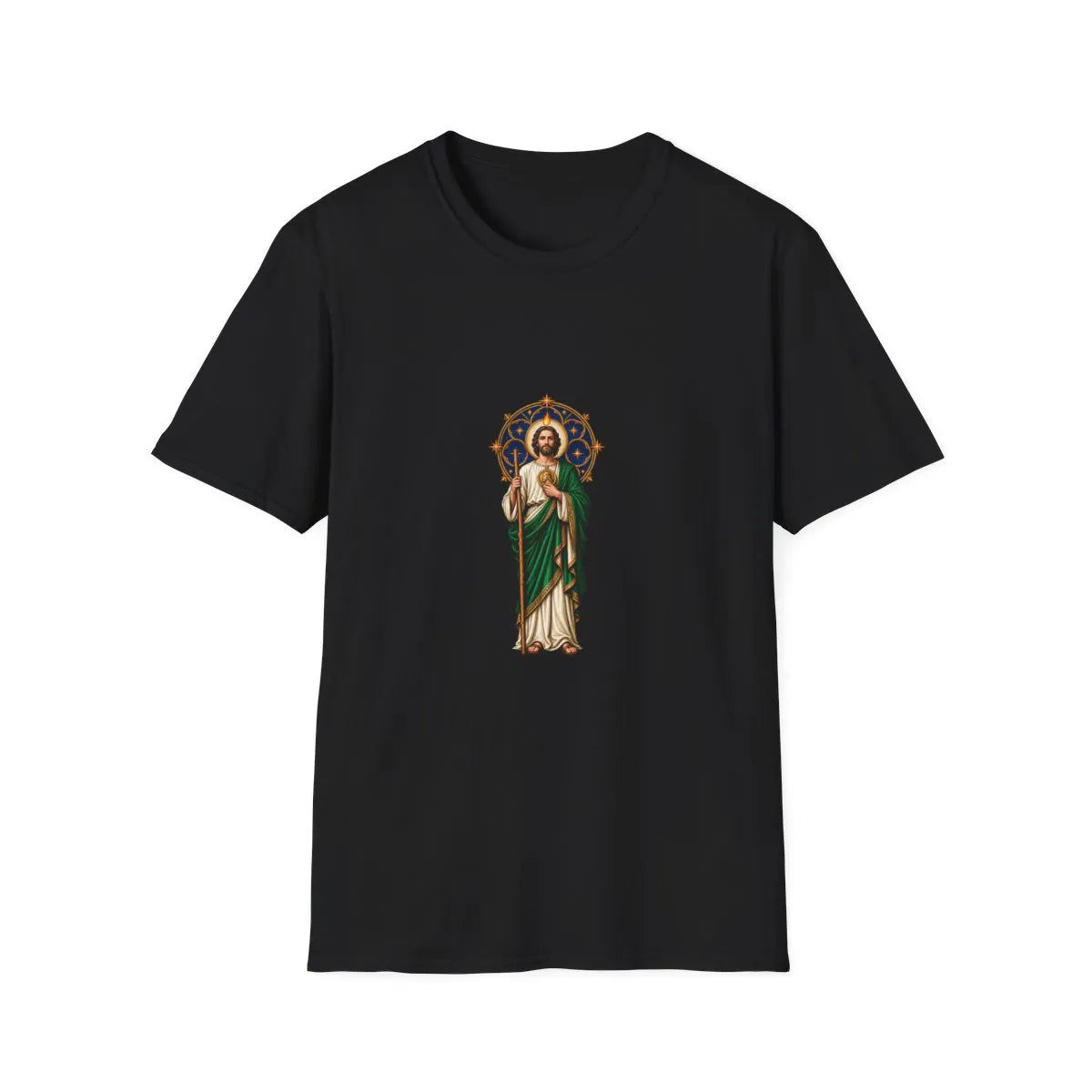 San Judas T-shirt with midnight-blue celestial rose window and copper star artwork, Black front view