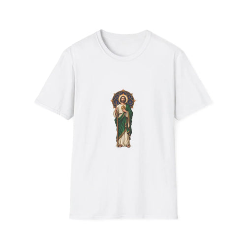 San Judas T-shirt with midnight-blue celestial rose window and copper star artwork, White front view