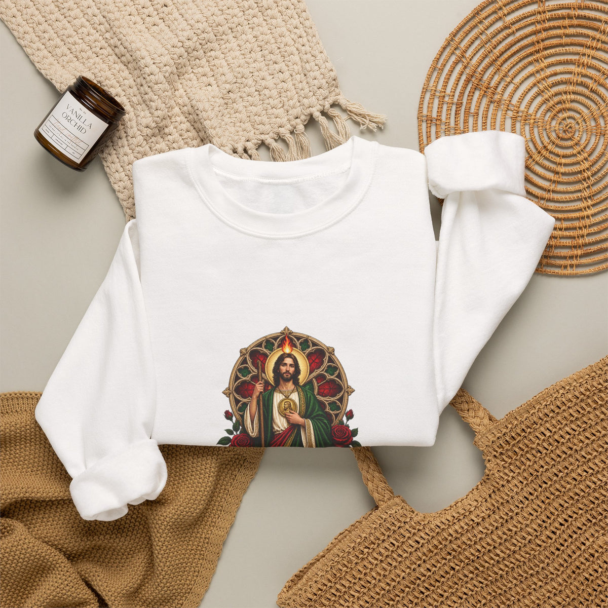 San Judas Tadeo Crimson Rose Window Crewneck Sweatshirt