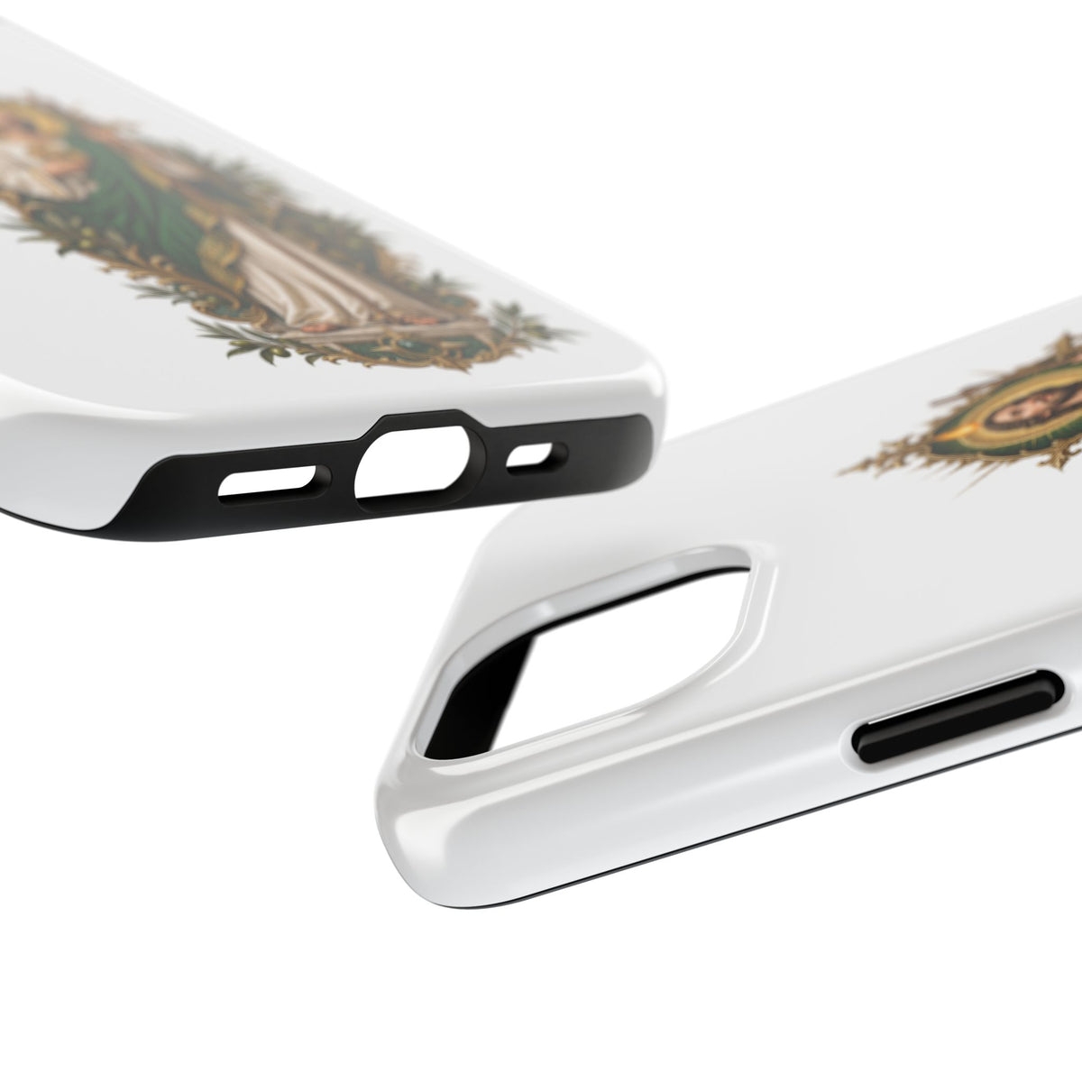 San Judas phone case with olive and antique gold reliquary artwork, detail view 17
