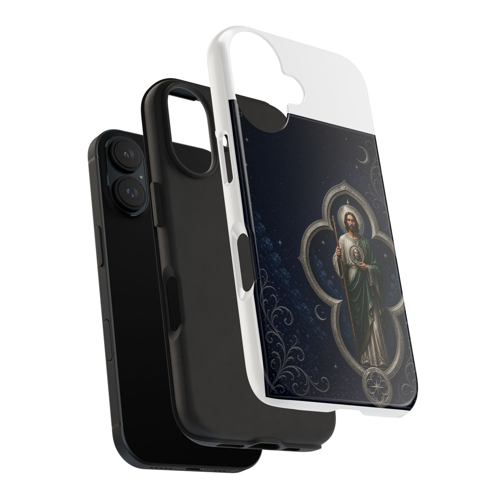 San Judas phone case with silver moon quatrefoil artwork, detail view 27