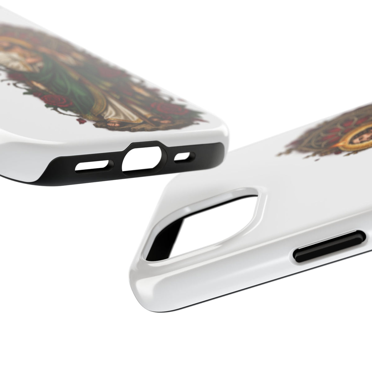 San Judas phone case with crimson rose window artwork, detail view 17