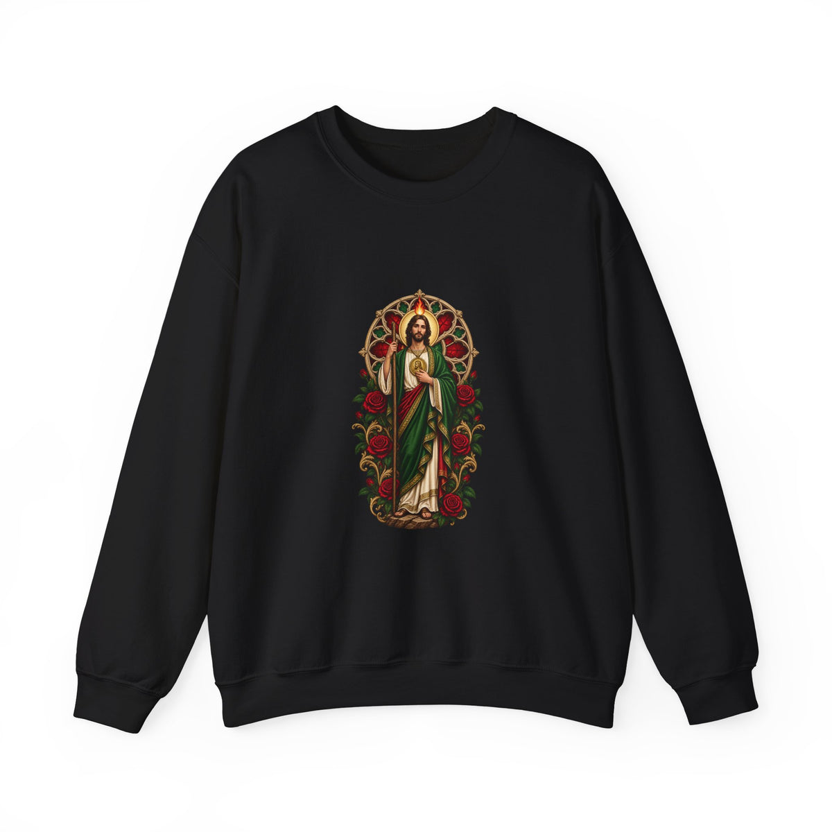San Judas Tadeo Crimson Rose Window Crewneck Sweatshirt