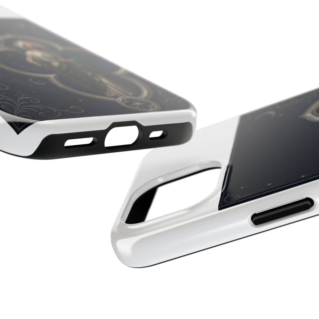 San Judas phone case with silver moon quatrefoil artwork, detail view 17