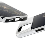 San Judas phone case with silver moon quatrefoil artwork, detail view 17