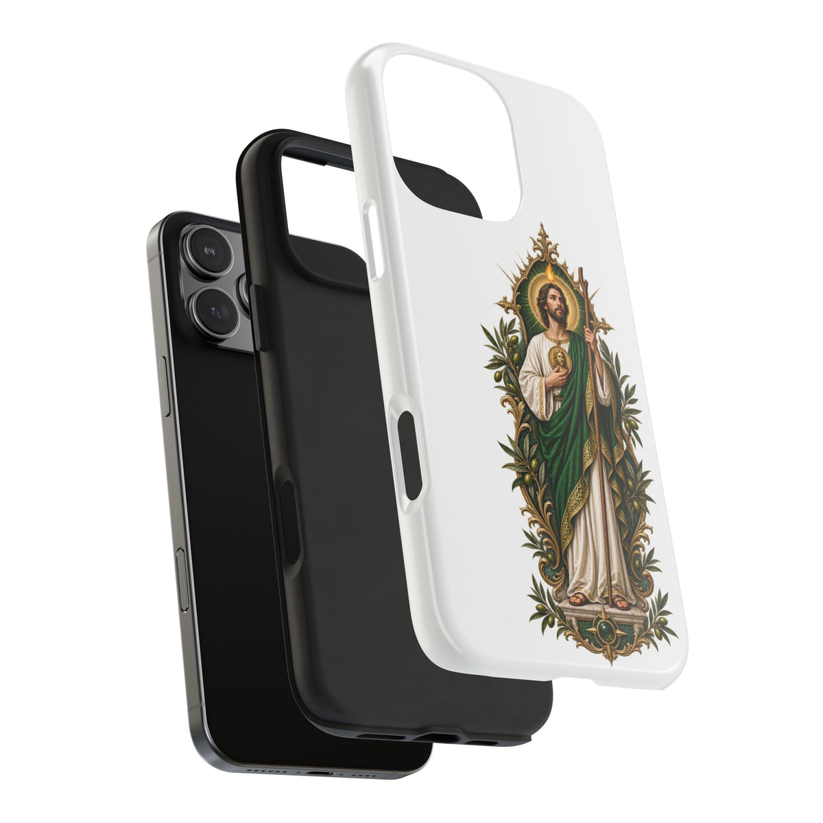 San Judas phone case with olive and antique gold reliquary artwork, detail view 25