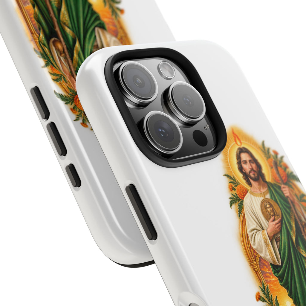 San Judas phone case with marigold sun arch artwork, detail view 22
