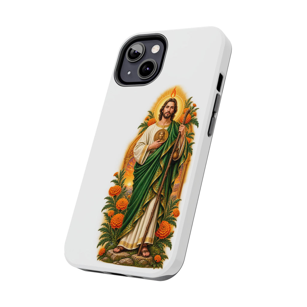 San Judas phone case with marigold sun arch artwork, detail view 12
