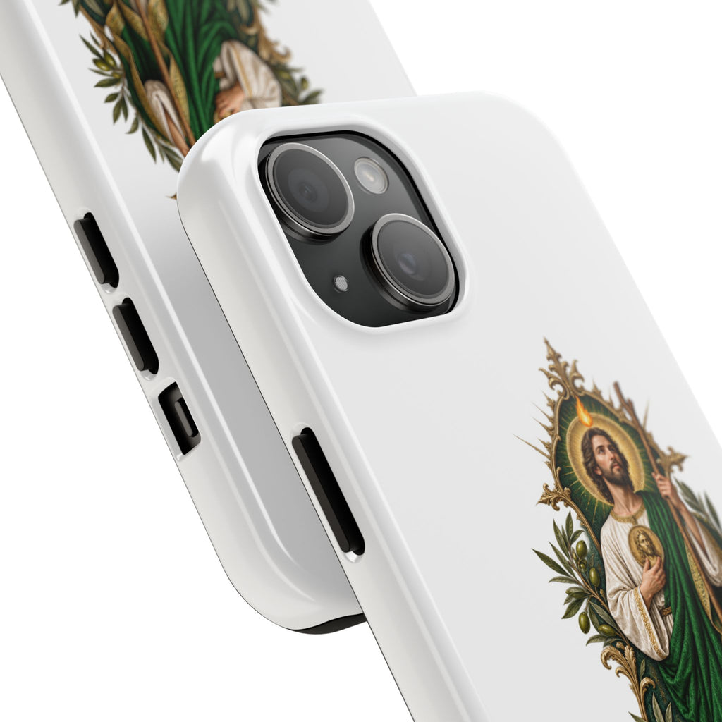 San Judas phone case with olive and antique gold reliquary artwork, detail view 16