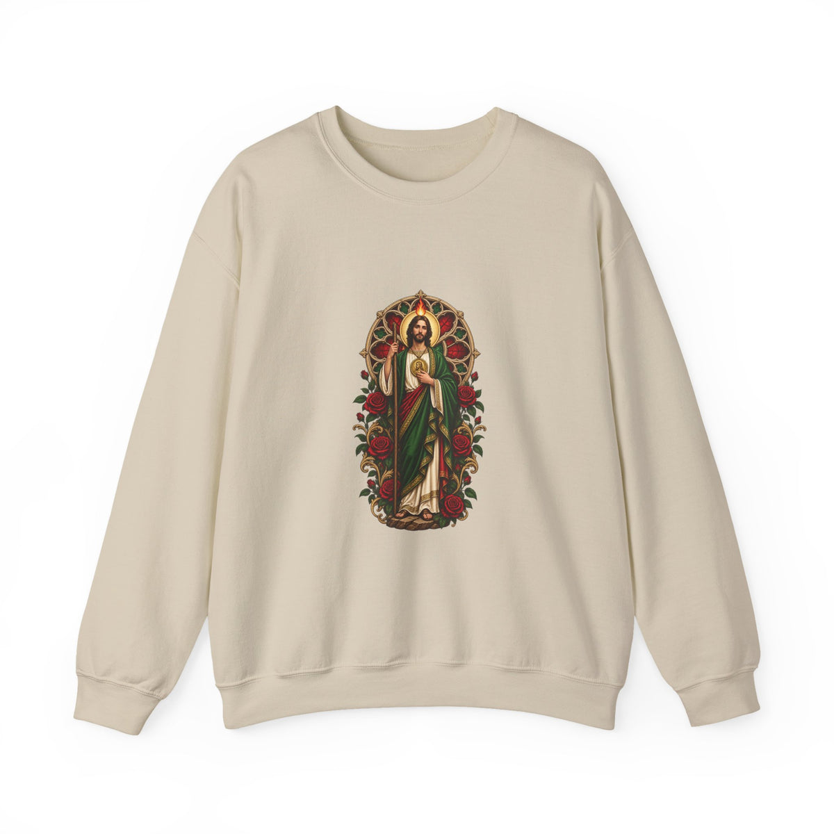 San Judas Tadeo Crimson Rose Window Crewneck Sweatshirt