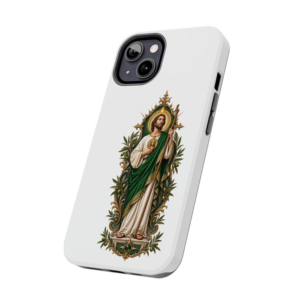 San Judas phone case with olive and antique gold reliquary artwork, detail view 12