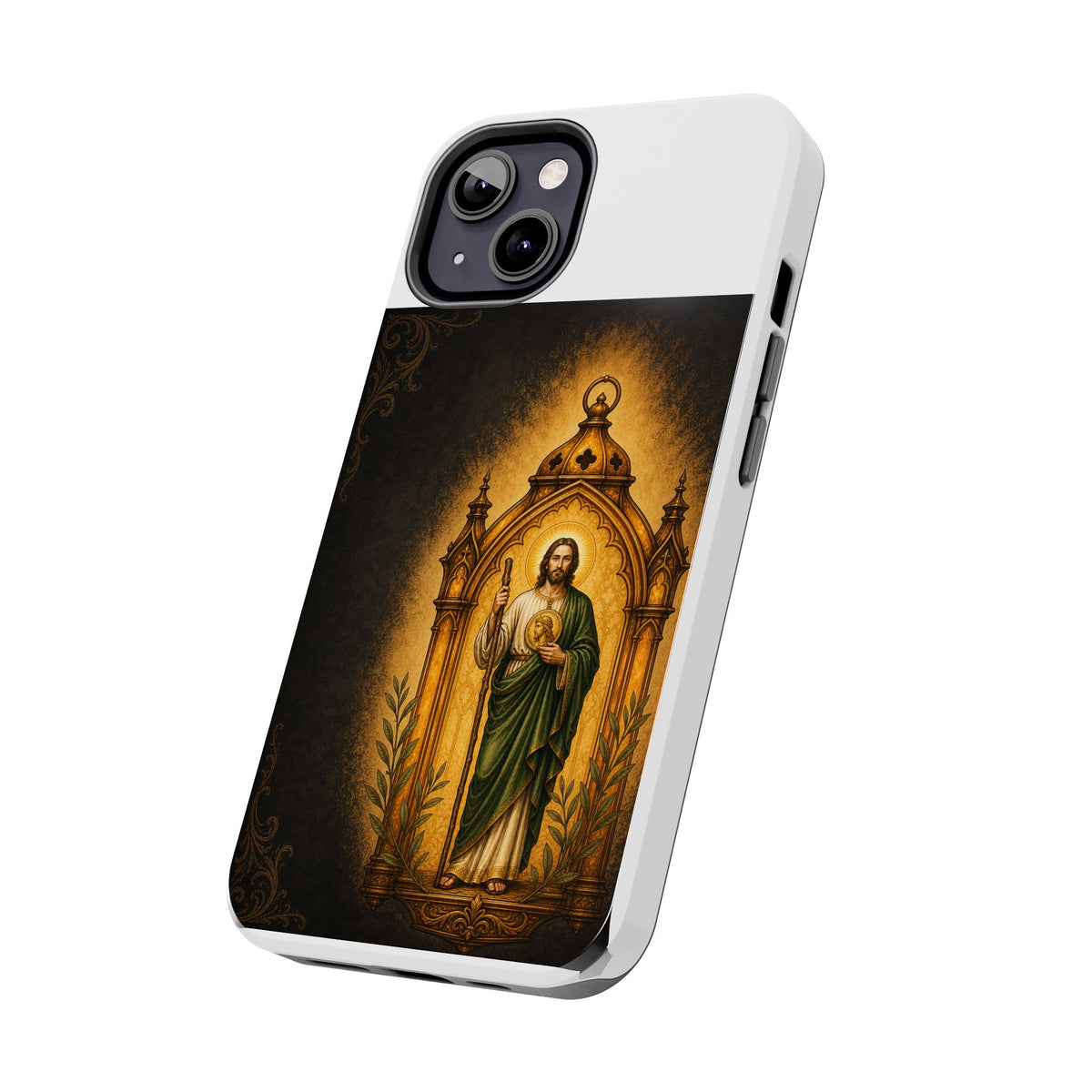San Judas phone case with amber pilgrim lantern artwork, detail view 12