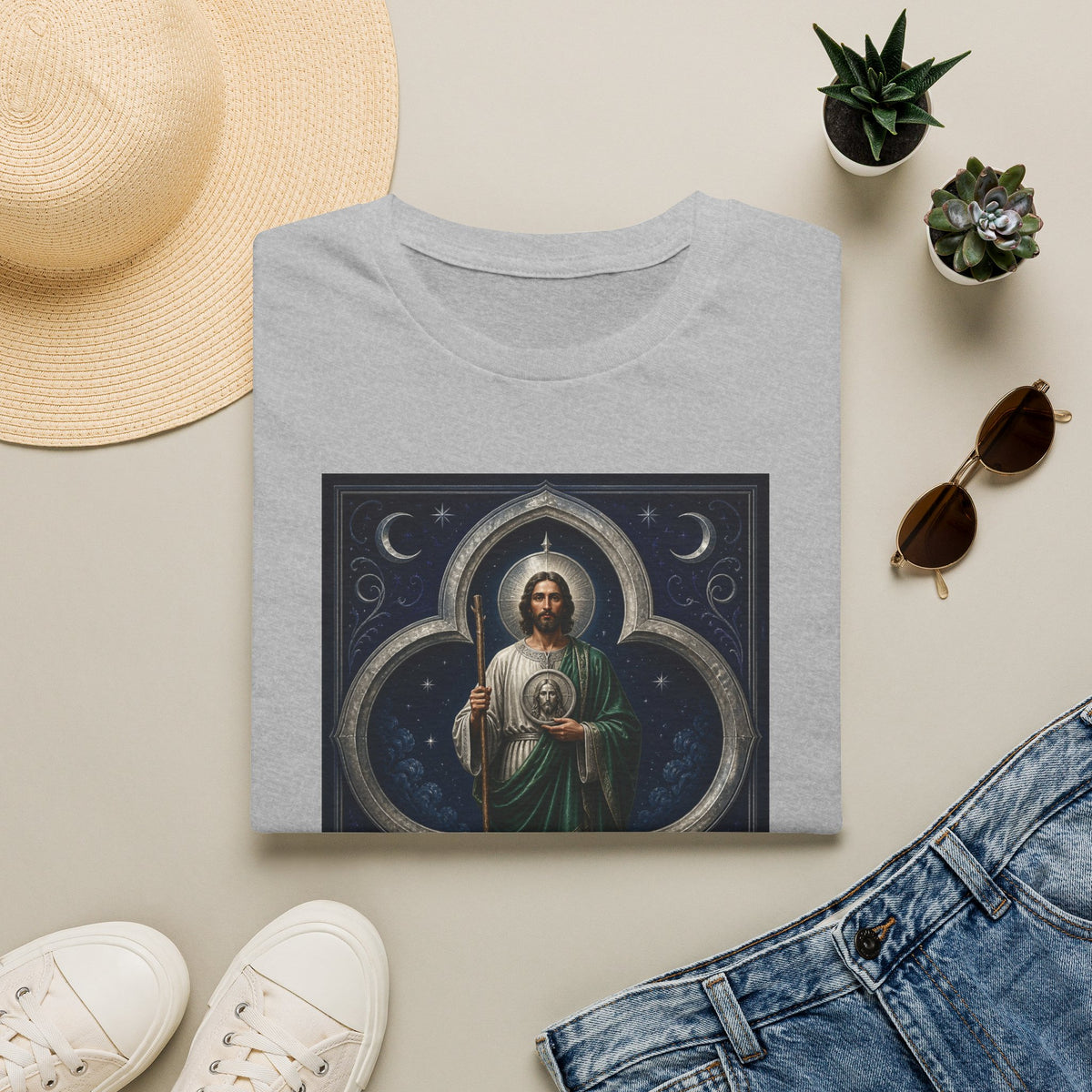 San Judas Tadeo Silver Moon Quatrefoil Unisex T-Shirt