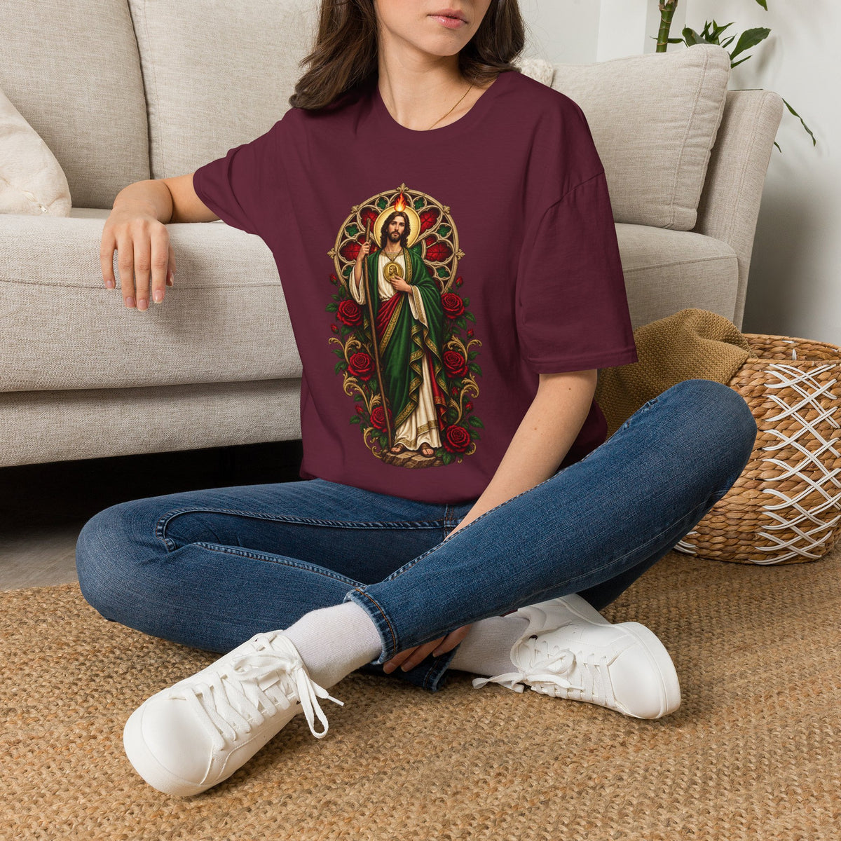 San Judas Tadeo Crimson Rose Window Unisex T-Shirt