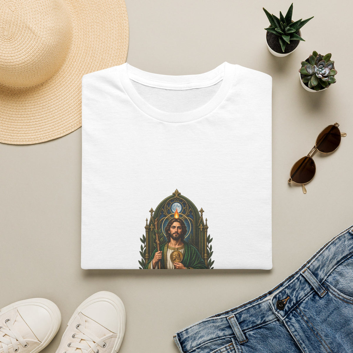 San Judas T-shirt with moonlit basilica arch and olive branches