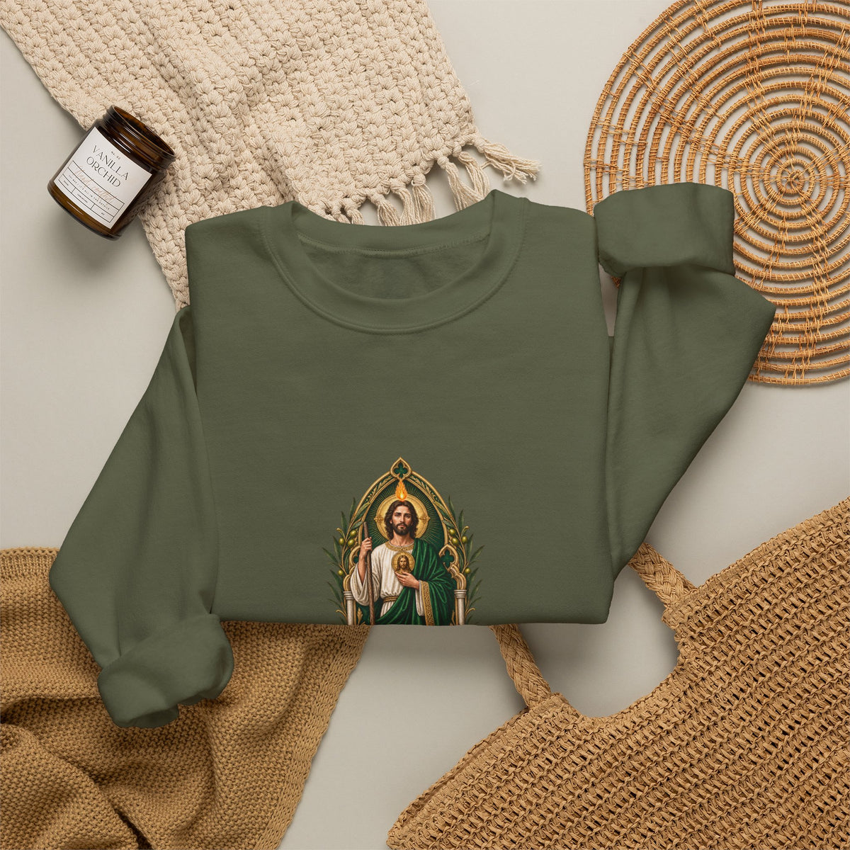 San Judas Tadeo Olive Reliquary Crewneck Sweatshirt