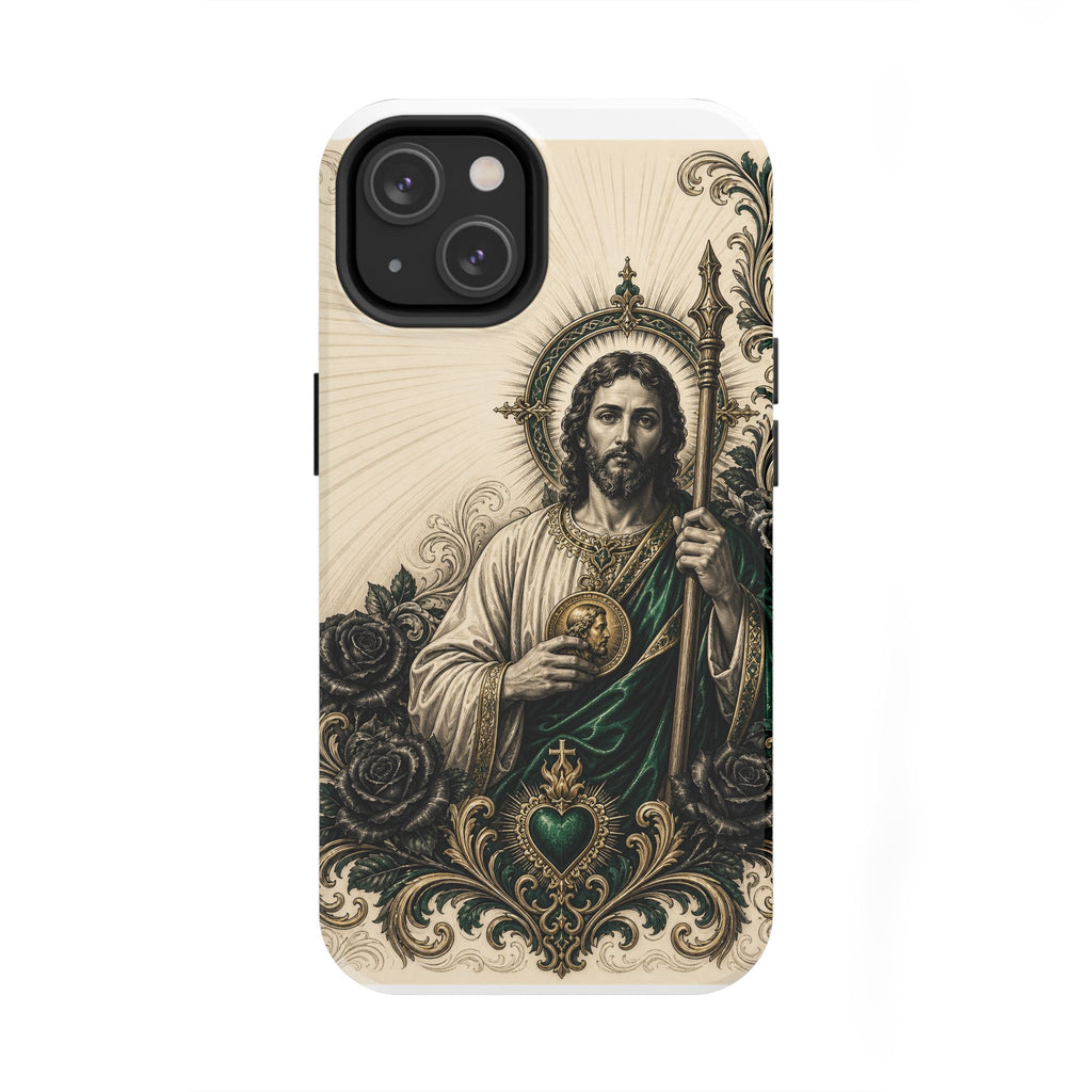 iPhone 14 San Judas phone case with emerald and gold Sacred Heart artwork