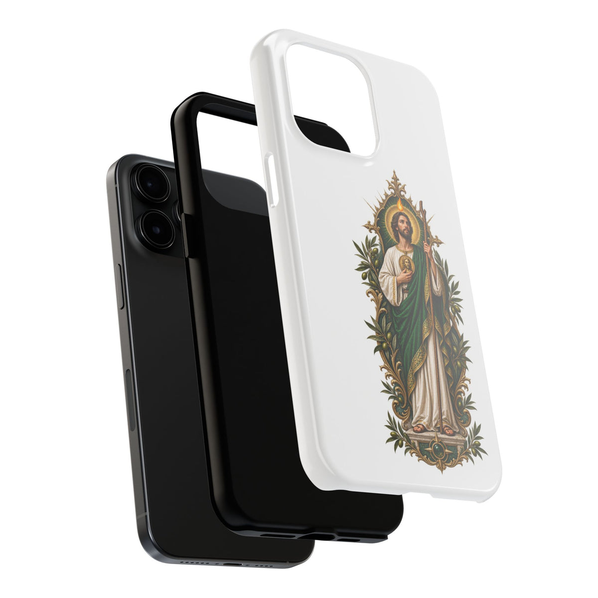 San Judas phone case with olive and antique gold reliquary artwork, detail view 21