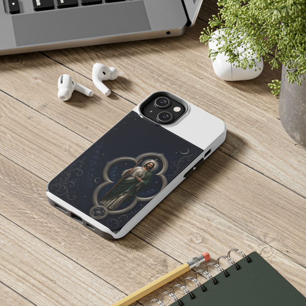 San Judas phone case with silver moon quatrefoil artwork, detail view 15