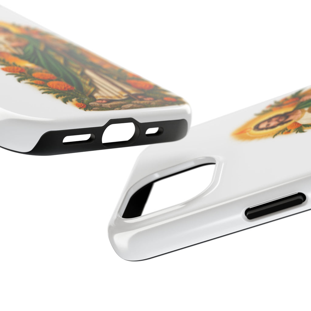 San Judas phone case with marigold sun arch artwork, detail view 17
