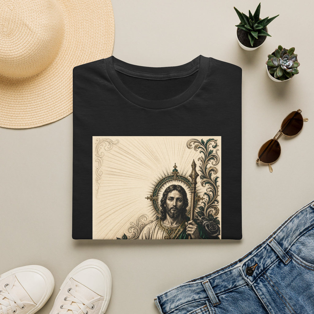 San Judas Tadeo Emerald & Gold Sacred Heart Unisex T-Shirt product view 2