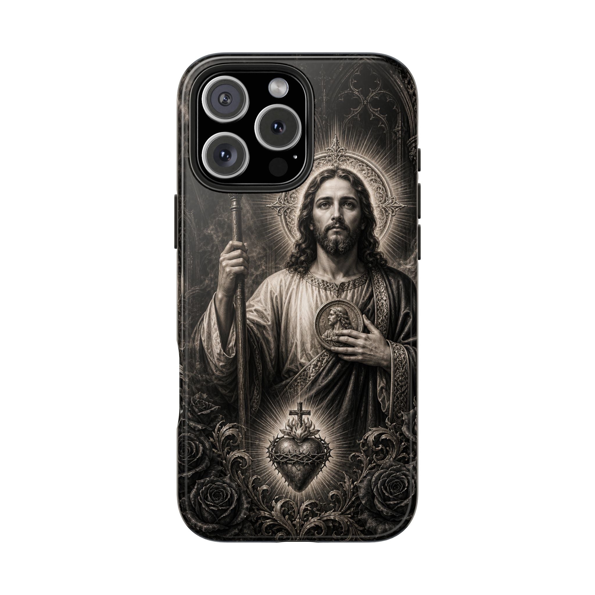San Judas Tadeo black and grey Gothic cathedral tough iPhone case mockup