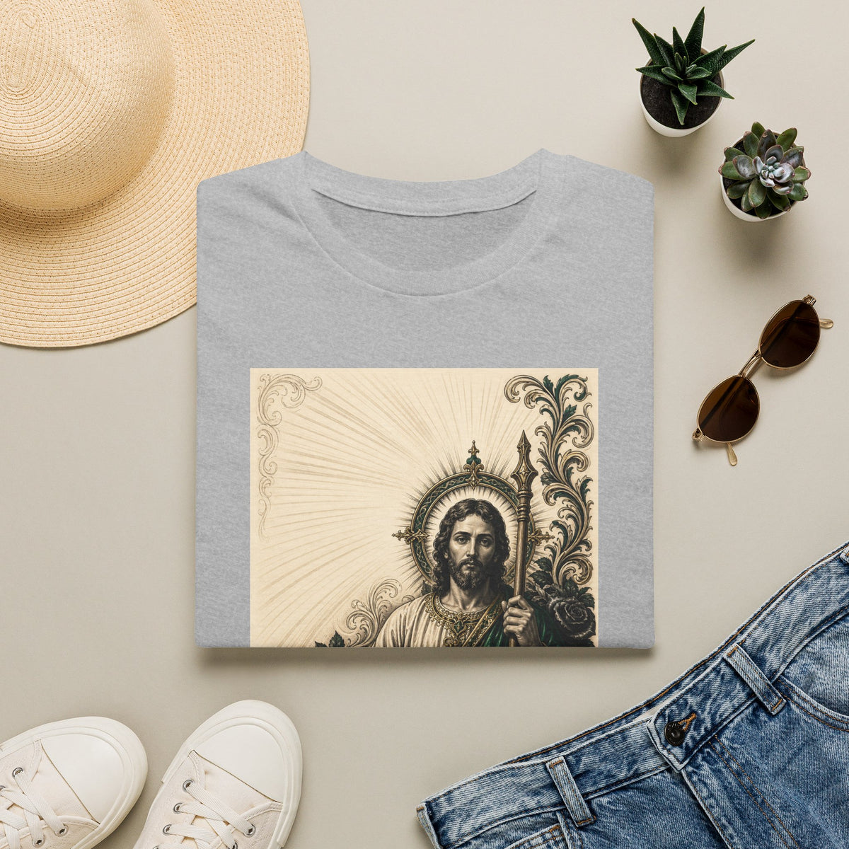San Judas Tadeo Emerald & Gold Sacred Heart Unisex T-Shirt product view 4