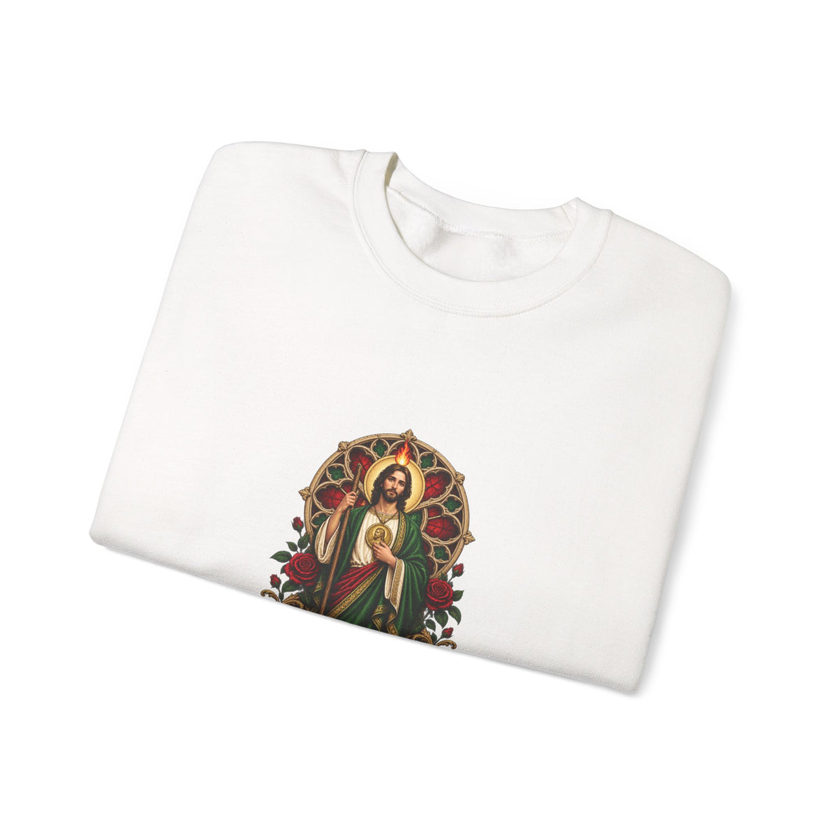 San Judas Tadeo Crimson Rose Window Crewneck Sweatshirt