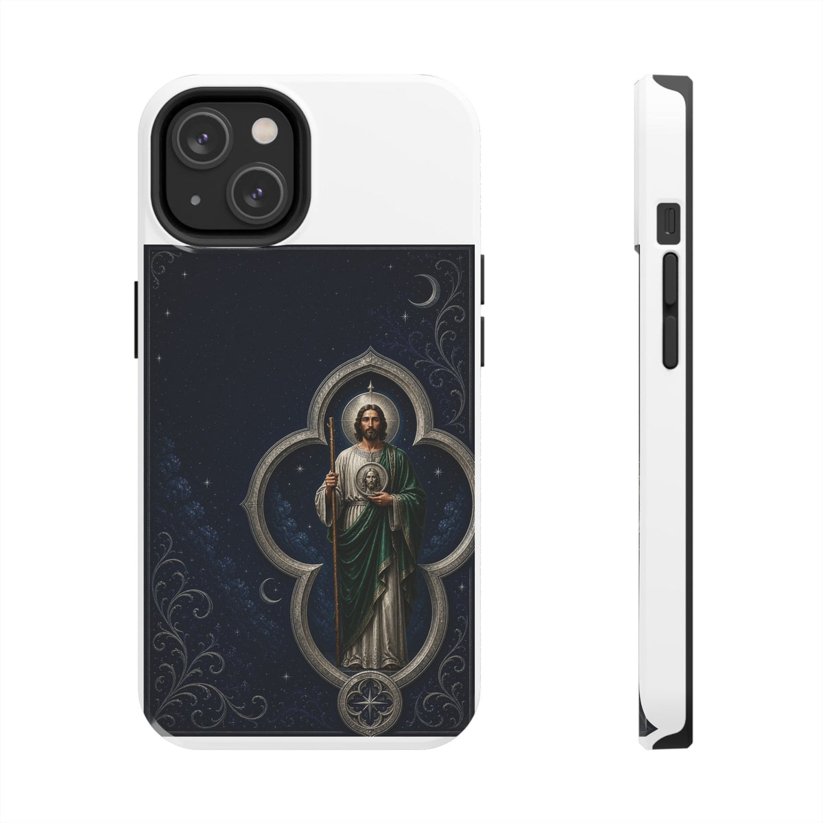 San Judas phone case with silver moon quatrefoil artwork, detail view 14