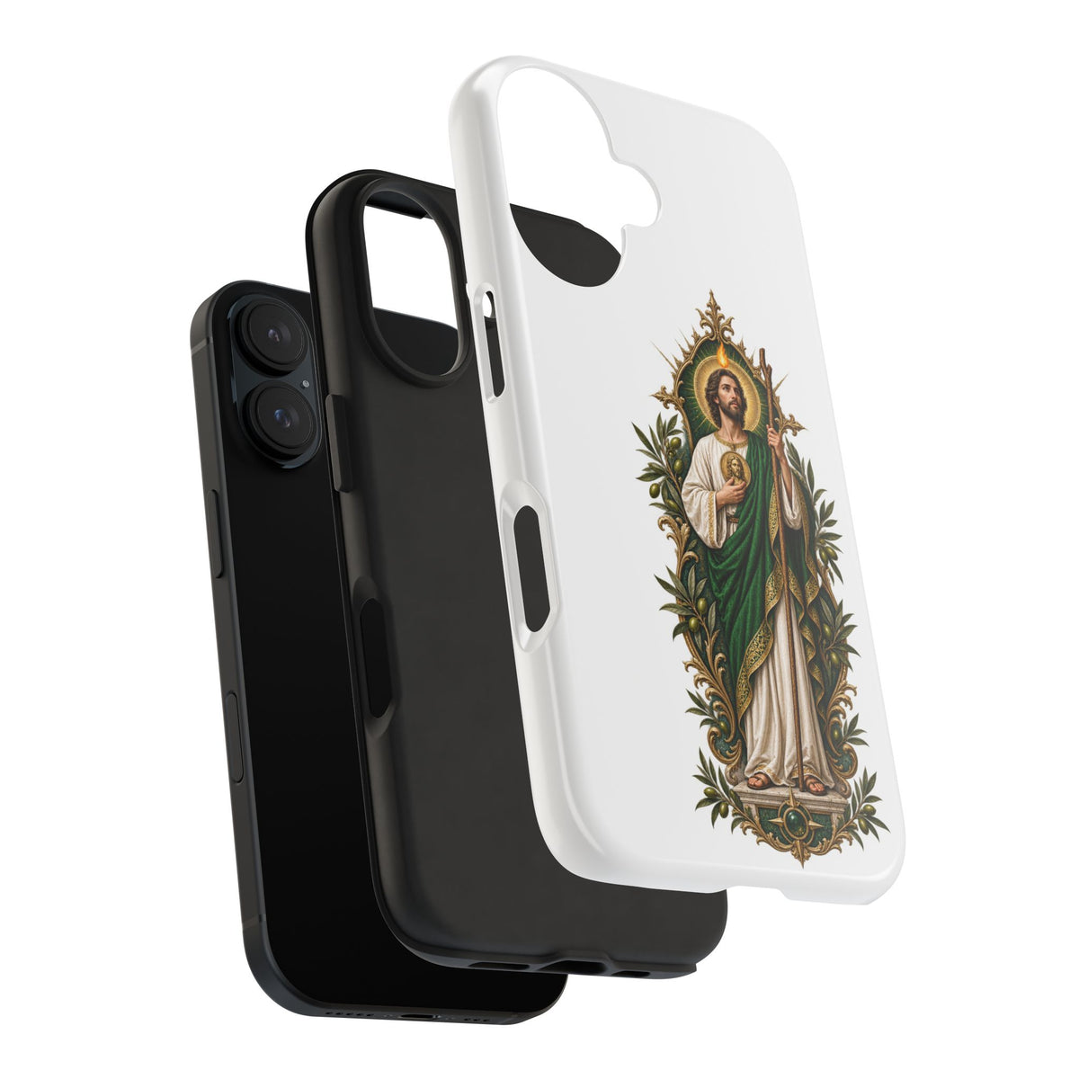 San Judas phone case with olive and antique gold reliquary artwork, detail view 27