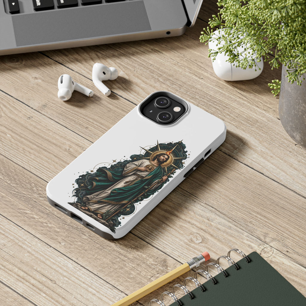 San Judas phone case with midnight blue compass artwork, detail view 15