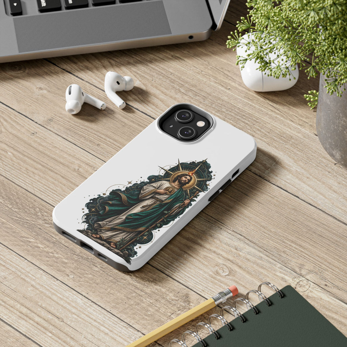 San Judas phone case with midnight blue compass artwork, detail view 15