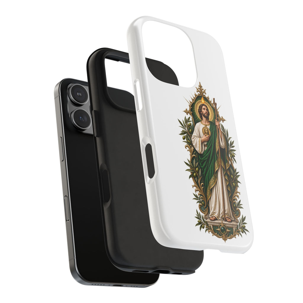 San Judas phone case with olive and antique gold reliquary artwork, detail view 23