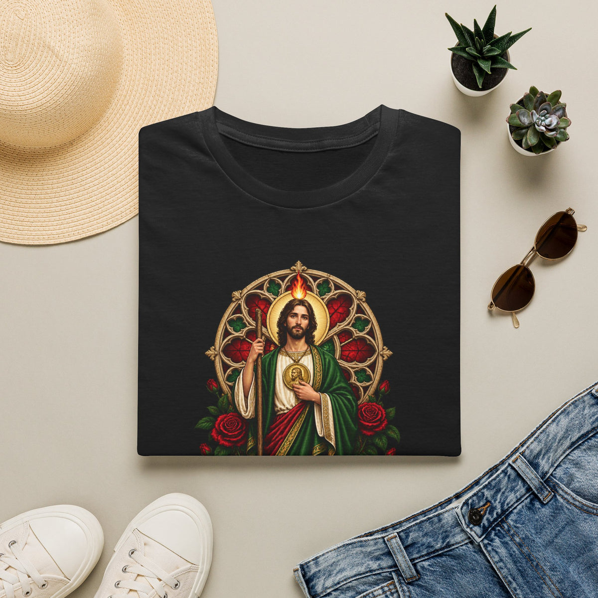 San Judas Tadeo Crimson Rose Window Unisex T-Shirt