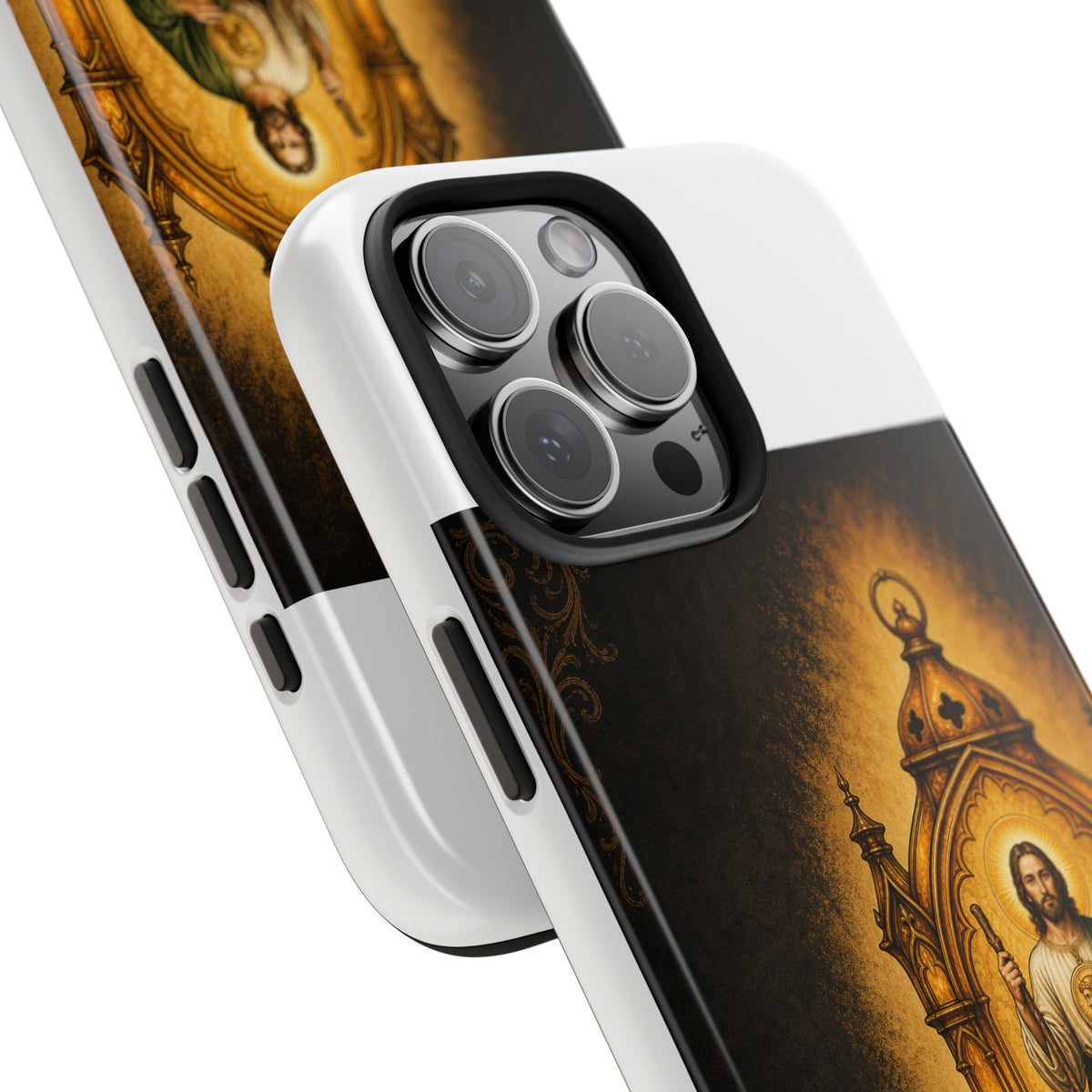 San Judas phone case with amber pilgrim lantern artwork, detail view 24