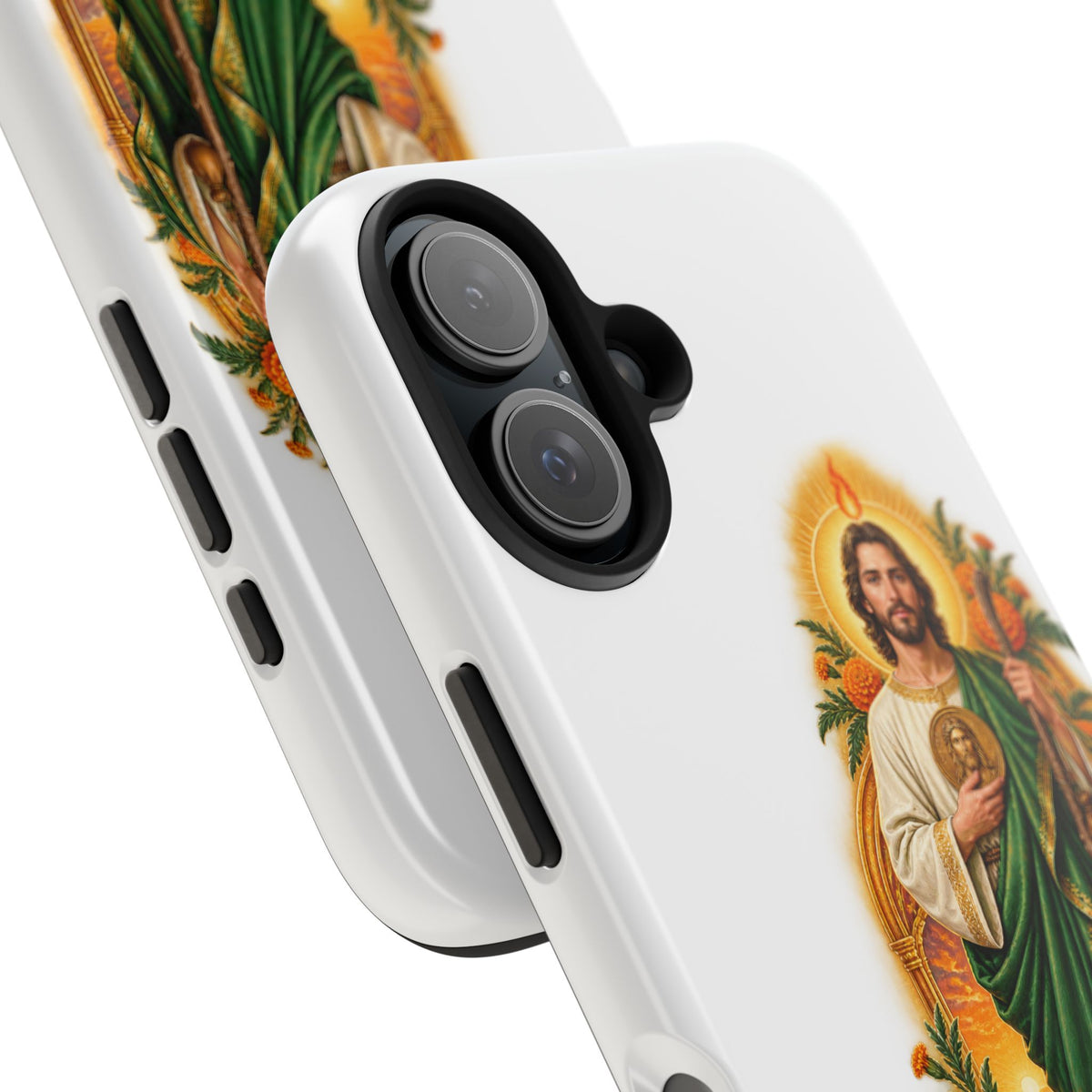 San Judas phone case with marigold sun arch artwork, detail view 26