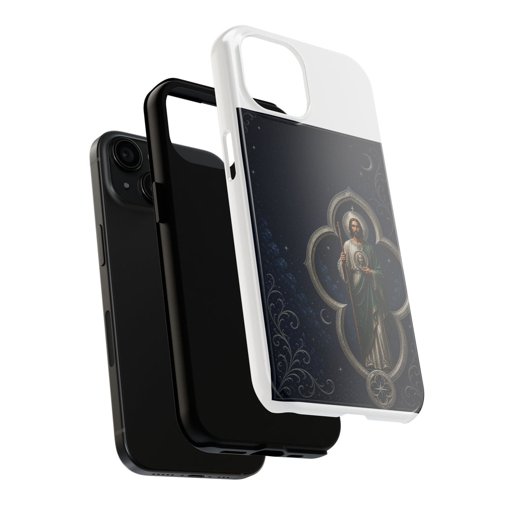 San Judas phone case with silver moon quatrefoil artwork, detail view 18