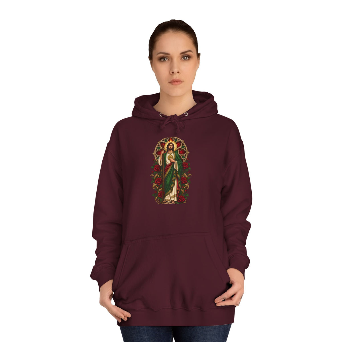 San Judas Tadeo Crimson Rose Window Unisex Hoodie