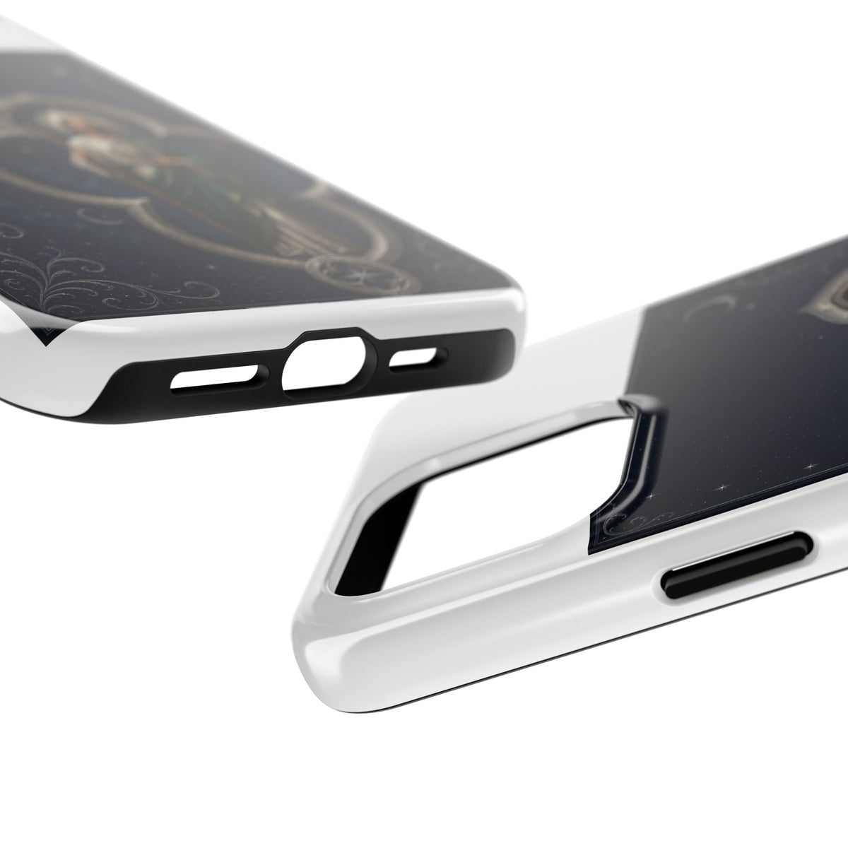 San Judas phone case with silver moon quatrefoil artwork, detail view 20